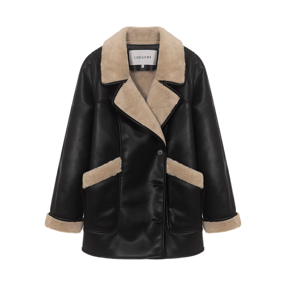(W) 루에브르 포우 레더 셔링 코트 자켓 블랙((W) Loeuvre Faux Leather Shearling Coat Jacket Black)