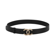 (W) Chanel Belt Calfskin Resin Strass & Gold Black