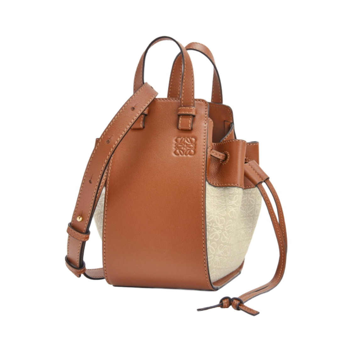 로에베 미니 해먹 드로우스트링백 아나그램 자카드 앤 카프스킨 에크루 탄(Loewe Mini Hammock Drawstring Bag In Anagram Jacquard and Calfskin Ecru Tan) - 1