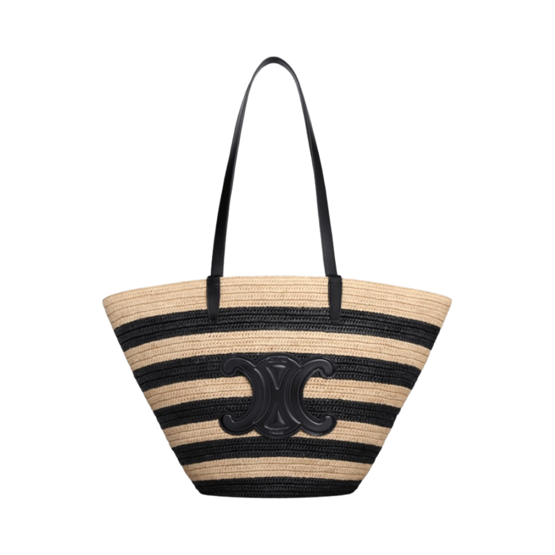 117082FWD-02NC Celine Striped Couffin Celine Classic Panier in Raffia Calfskin Natural Black