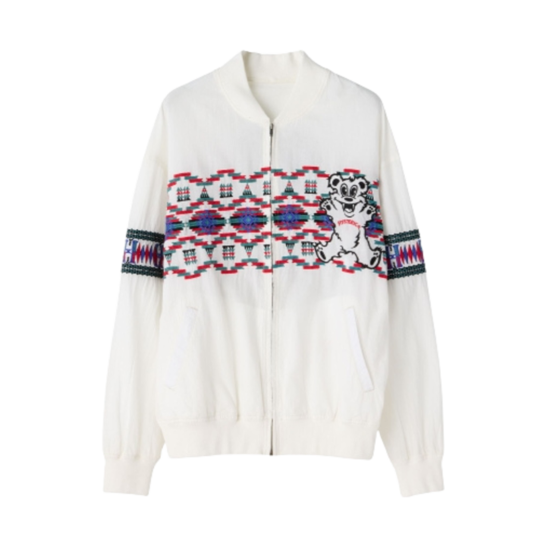 (W) 히스테릭 글래머 파이어 베어 & 네이티브 패턴 자수 블루종 화이트((W) Hysteric Glamour Fire Bear & Native Pattern Embroidered Blouson White) - 2