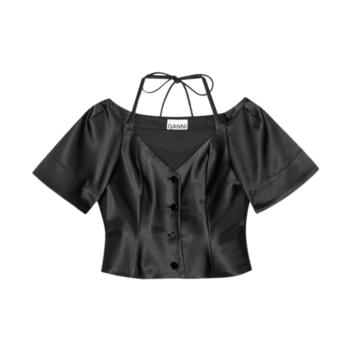 F8580-099 (W) Ganni Double Satin Fitted Open-Neck Blouse Black