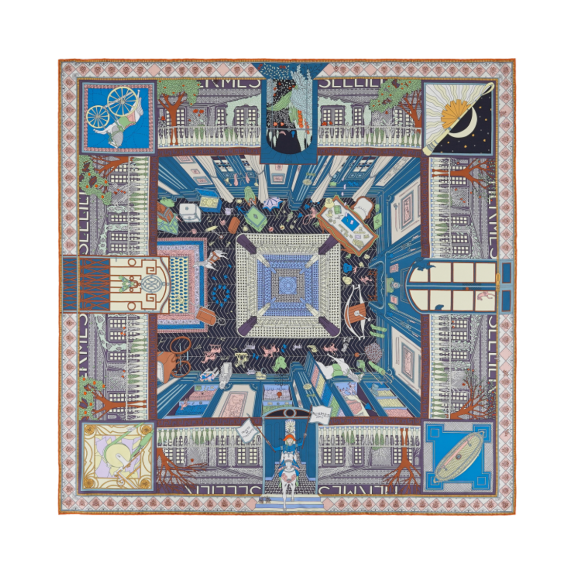 (W) 에르메스 오브젝트 드 큐리오시떼 스카프 90 블루 베르 로즈((W) Hermes Objets de Curiosite Scarf 90 Bleu Vert Rose) - 1