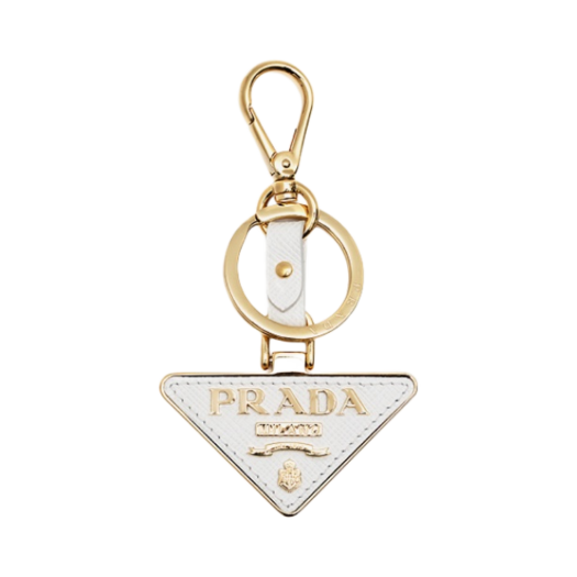 Prada Saffiano Leather Triangle Logo Keychain White Gold