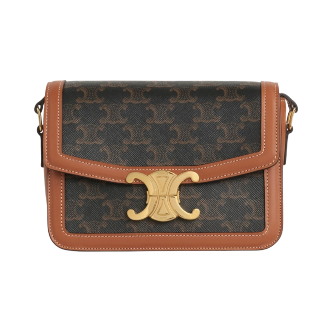 188882BZ4-04LU Celine Teen Triomphe Bag in Triomphe Canvas and Calfskin Tan