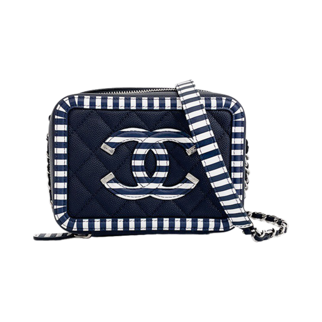 샤넬 미니 코스메틱 케이스 네이비/화이트 은장 캐비어