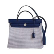 Hermes Herbag Zip 31 Bag Retourne Viking Quadrille Canvas & Palladium Bleu Saphir Ecru Mauve