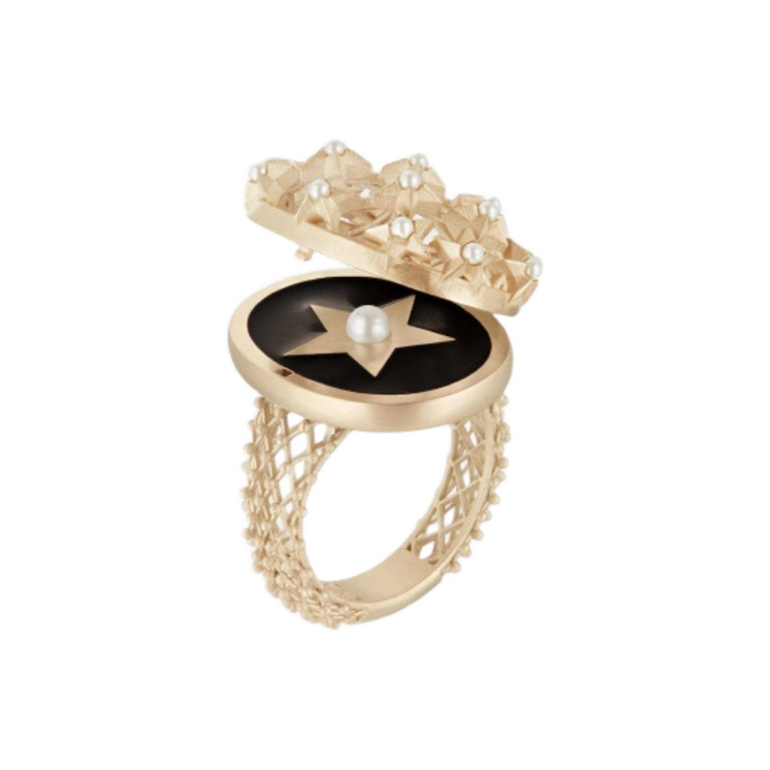 (W) 디올 그랜드 발 링 골드 피니쉬 메탈 화이트 레진 펄 블랙 래커((W) Dior Grand Bal Ring Gold Finish Metal White Resin Pearls Black Lacquer) - 1