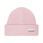 Ganni Fitted Rib Knit Wool Beanie Mauve Chalk