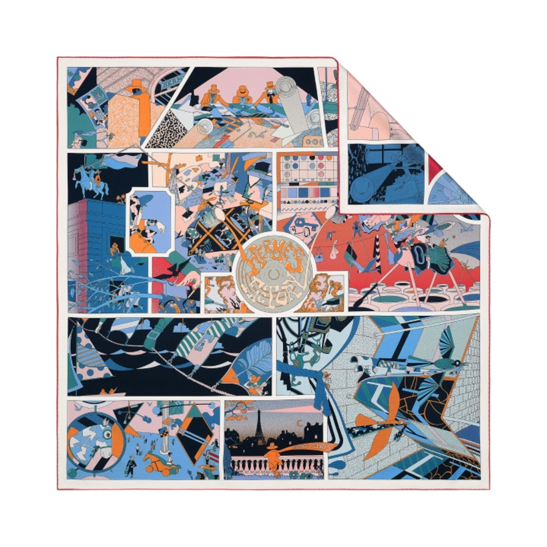 (W) 에르메스 팩토리 더블 페이스 스카프 90 블루 로즈 멀티꼴로르((W) Hermes Factory Double Face Scarf 90 Bleu Rose Multicolore) - 1