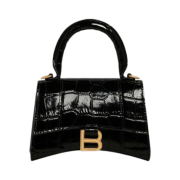 Balenciaga Crocodile Embossed Calfskin Hourglass Mini Handbag with Chain Gold Black