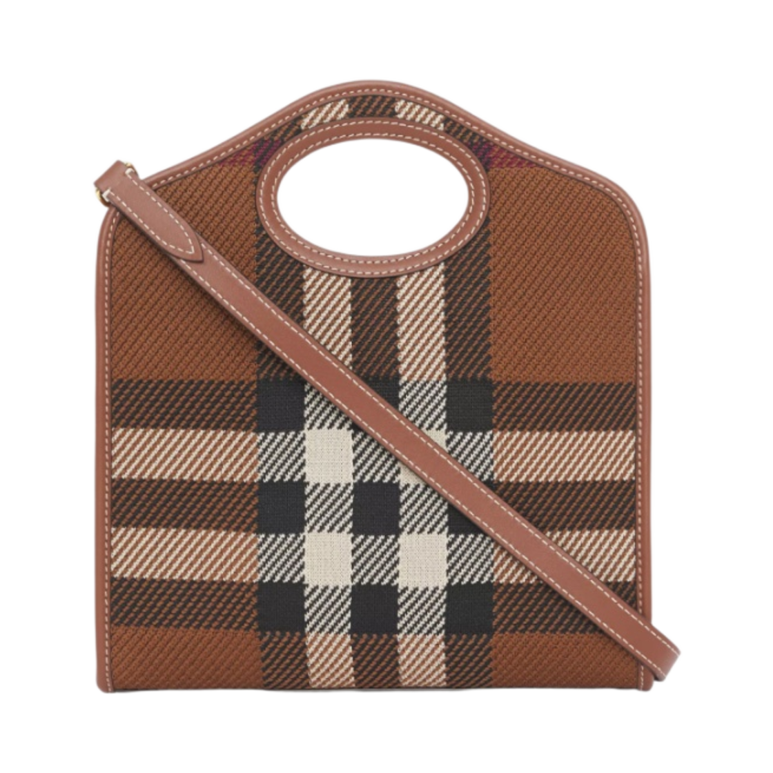 버버리 미니 니트 체크 앤 레더 포켓백 다크 버치 브라운(Burberry Mini Knitted Check and Leather Pocket Bag Dark Birch Brown) - 3