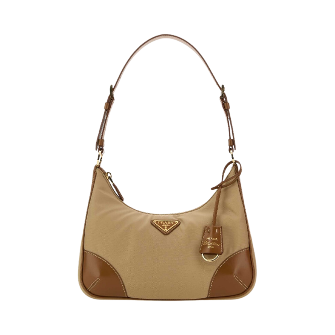 1BC214-R789-F0040 Prada Re-Edition 2002 Re-Nylon Brushed Leather Shoulder Bag Camel Brown