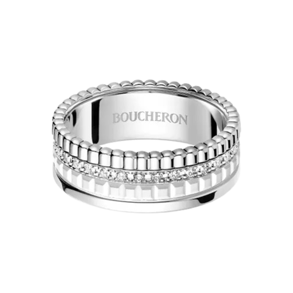 부쉐론 콰트로 더블 화이트 에디션 스몰 링 18K 화이트 골드 화이트 세라믹 다이아몬드(Boucheron Quatre Double White Edition Small Ring 18K White Gold White Ceramic Diamond)