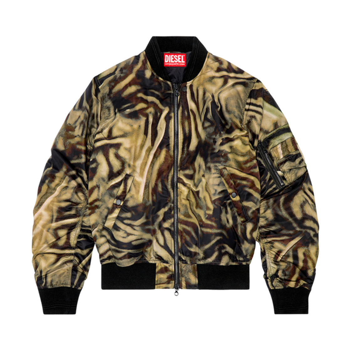 디젤 J-더블리 패디드 볼링 자켓 카모 지브라 프린트 블랙 브라운(Diesel J-Dublee Padded Bomber Jacket With Zebra Camo Print Black Brown)
