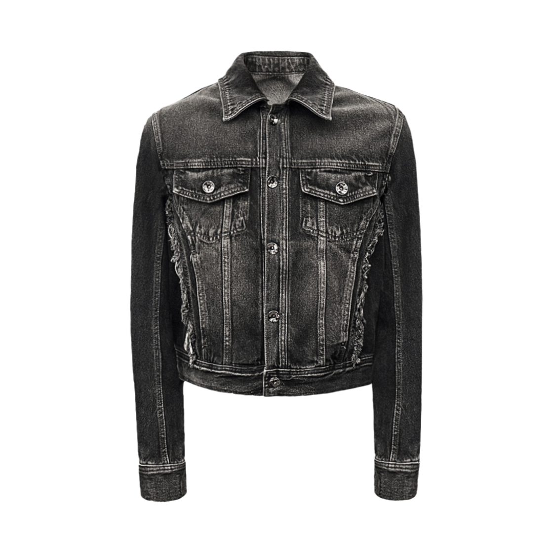 [KREAM 단독] 비엘알 시그니처 로우컷 워싱 데님 트러커 자켓 블랙([KREAM 단독] BLR Signature Raw Cut Washing Denim Trucker Jacket Black)