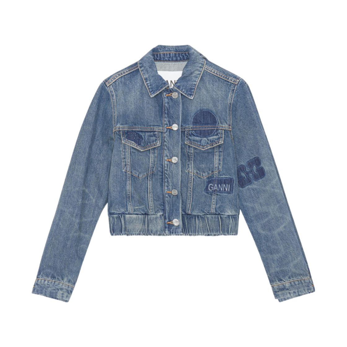 (W) 가니 패치 데님 봄버 자켓 틴트 워시((W) Ganni Patch Denim Bomber Jacket Tint Wash) - 1