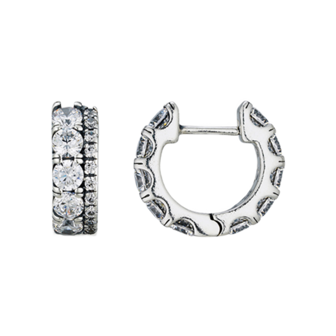 (W) 판도라 더블 밴드 파베 후프 이어링 스털링 실버 클리어((W) Pandora Double Band Pave Hoof Earrings Sterling Silver Clear) - 1