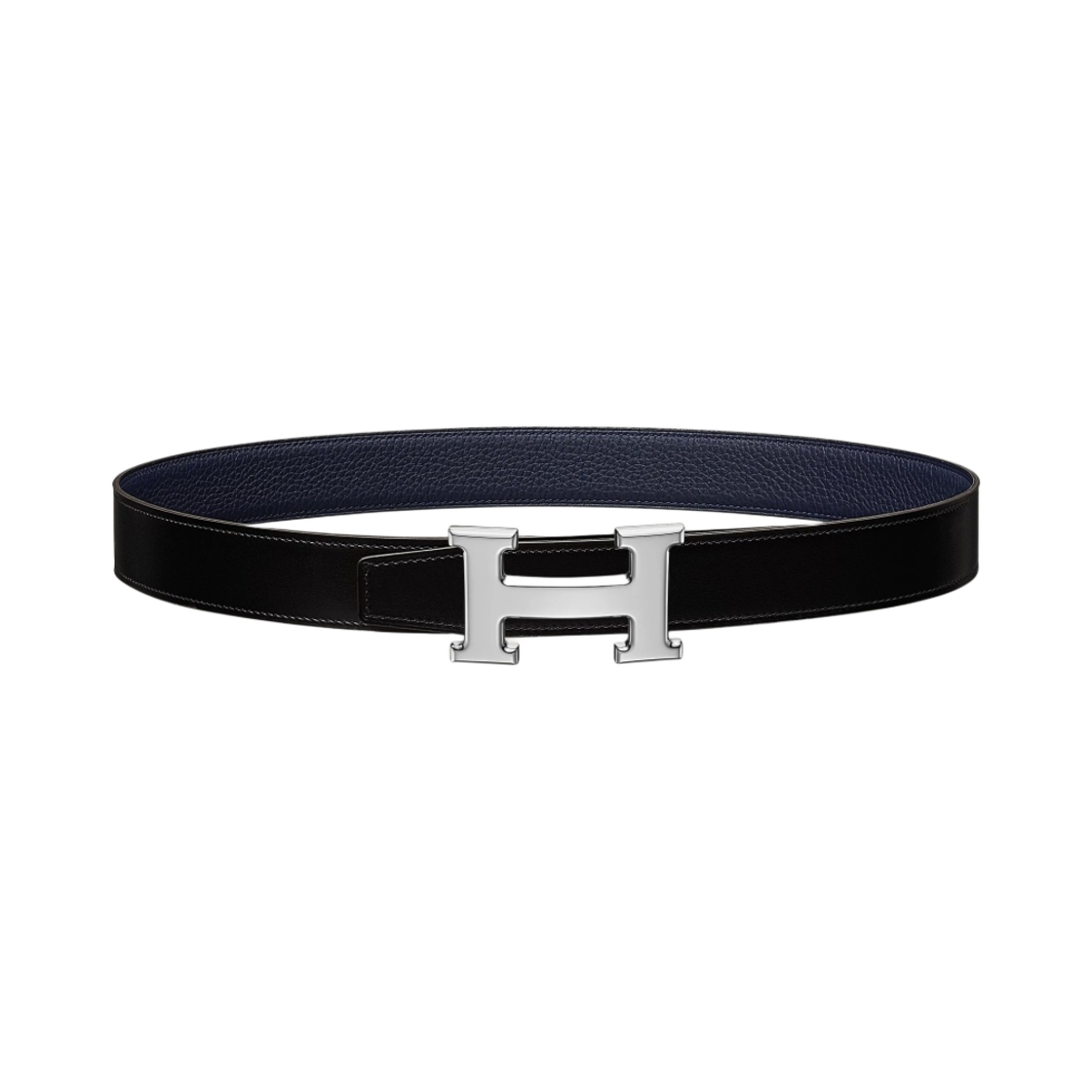 H064544CK05/H073967CAAU Hermes H Belt Buckle & Reversible Leather Strap 32mm &  Silver Noir Bleu Nuit
