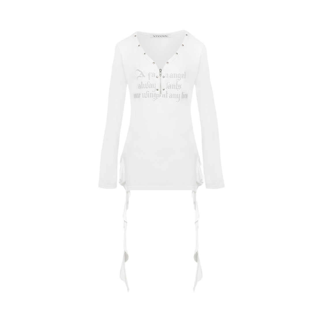 낫노잉 스터드 브이넥 러플탑 화이트(Notknowing Stud V-Neck Ruffle Top White)