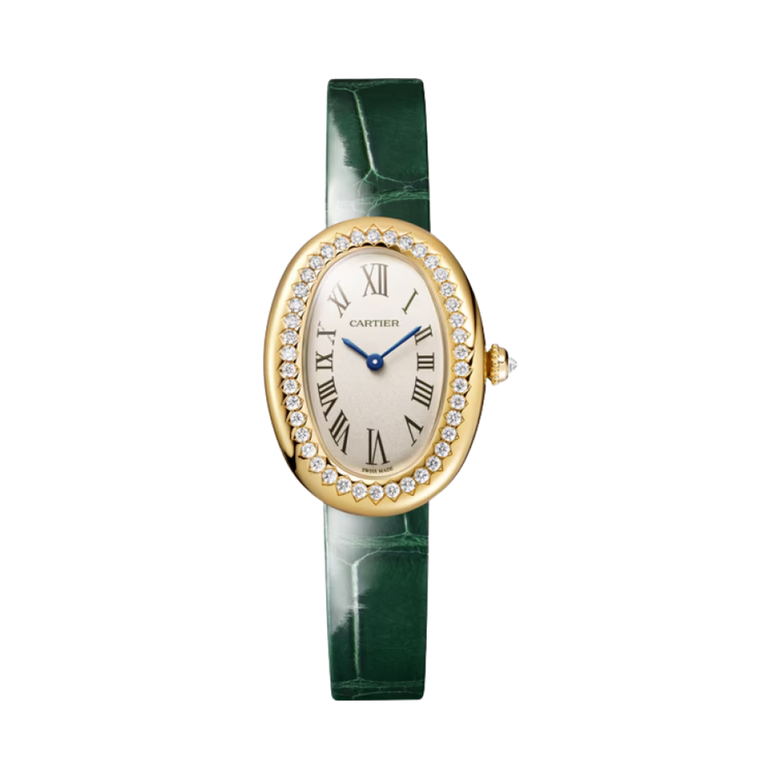 WJBA0038 Cartier Baignoire Watch Small Quartz Yellow Gold Diamond Varnished Alligator Leather Green