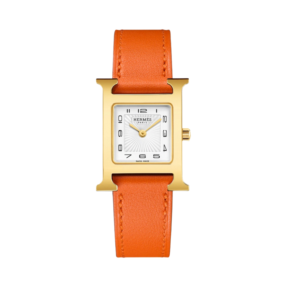 W036736WW00 Hermes Heure H Watch Small Orange Swift Strap & Yellow Gold Steel