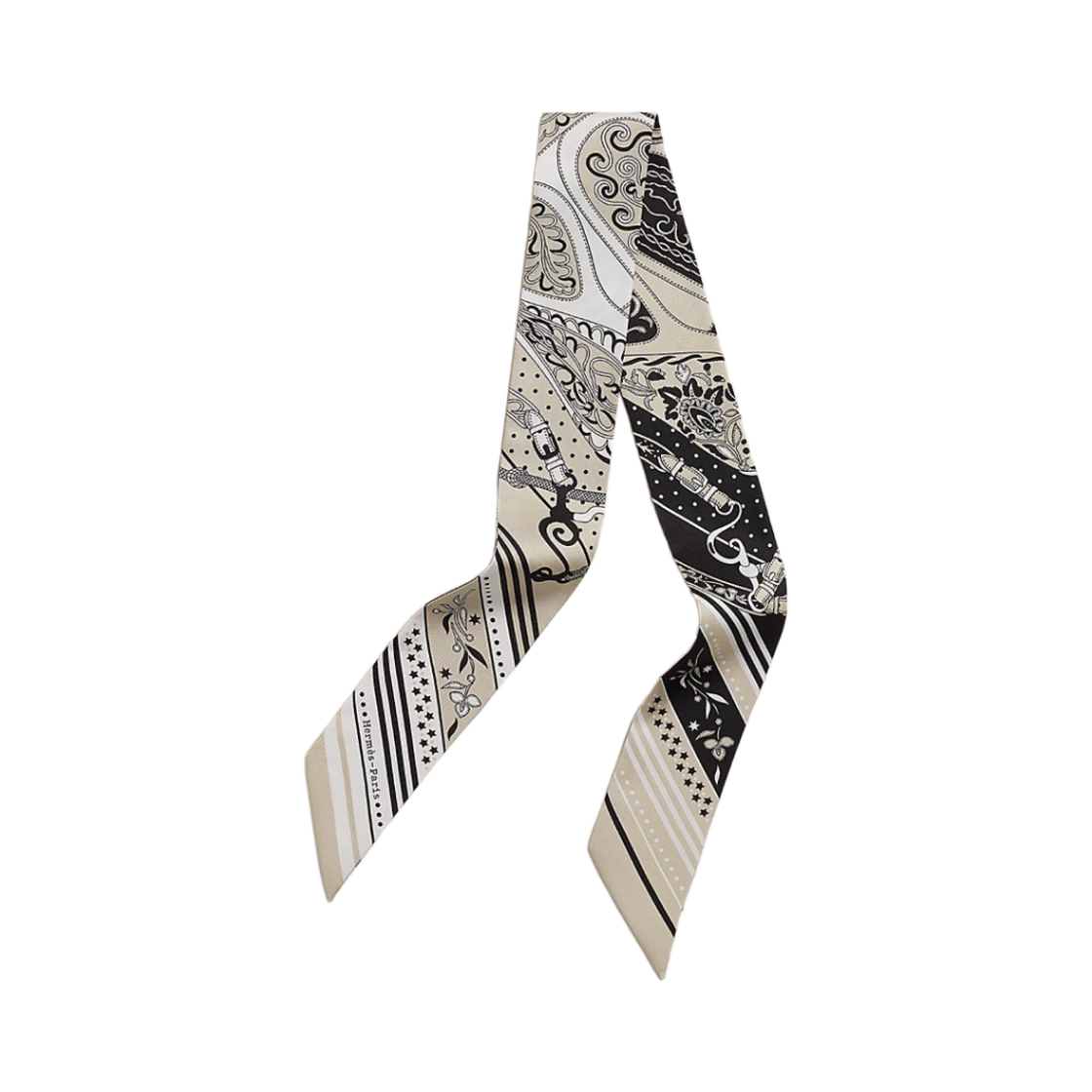H064217S04 (W) Hermes Festival des Amazones Bandana Twilly Grege Noir Blanc