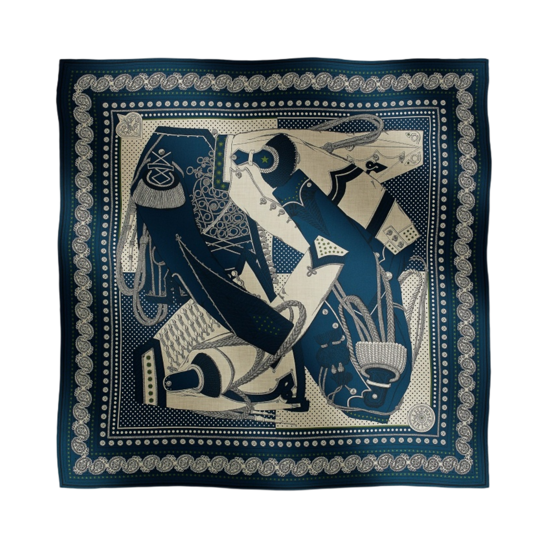 H244048S06 (W) Hermes Zouaves Dragons Bandana Shawl 140 Marine Clair Naturel Vert