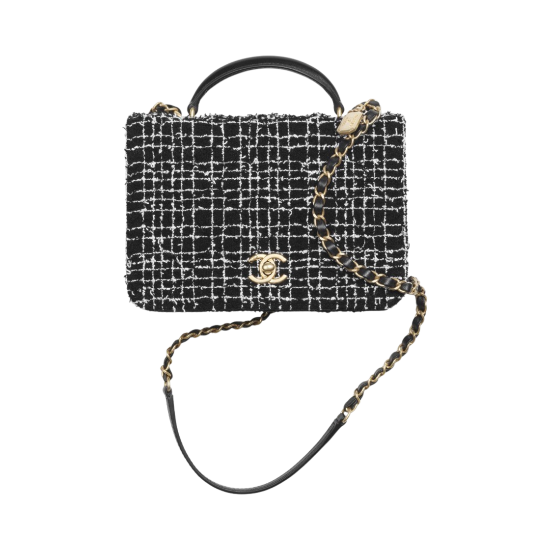 샤넬 스몰 플랩백 탑 핸들 트위드 램스킨 & 골드 메탈 블랙 화이트