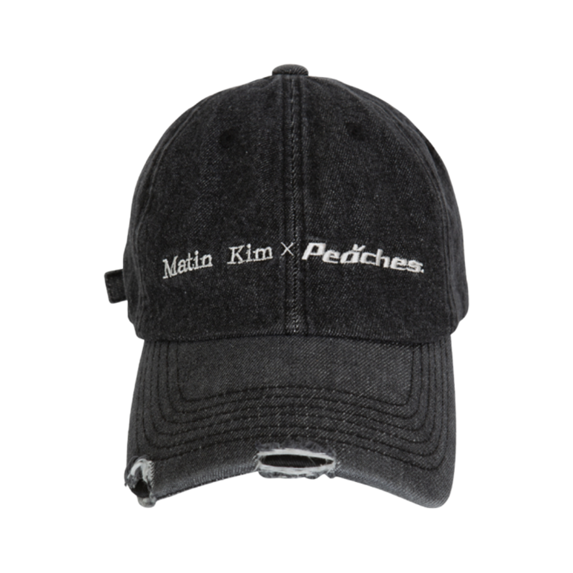 MK249OHT321MBB Matin Kim x Peaches Damage Logo Denim Ball Cap Black