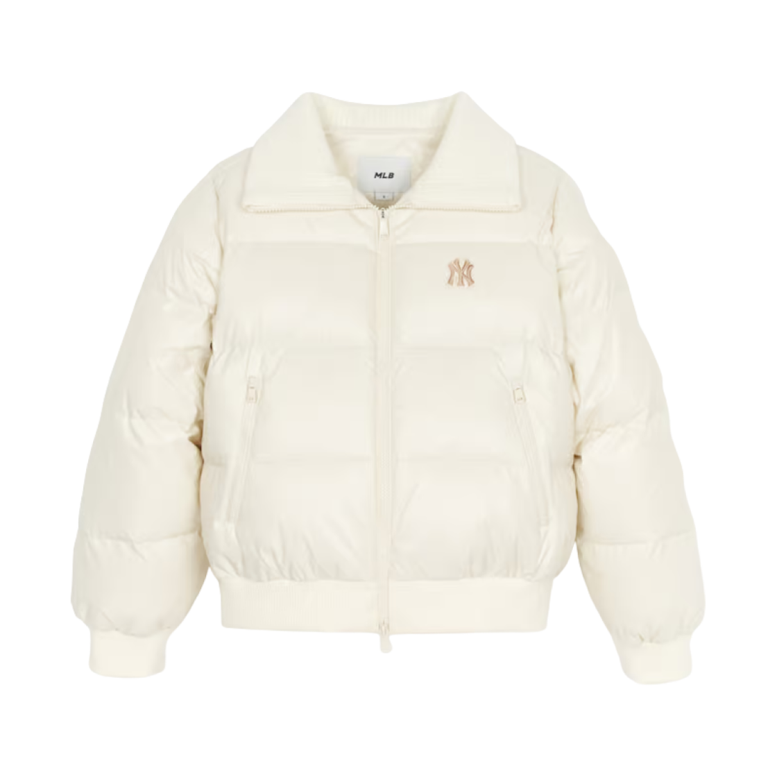 (W) MLB 베이직 유광 립 크롭 푸퍼 자켓 뉴욕 양키스 D.크림((W) MLB Basic Shiny Rib Crop Puffer Jacket New York Yankees D.Cream)