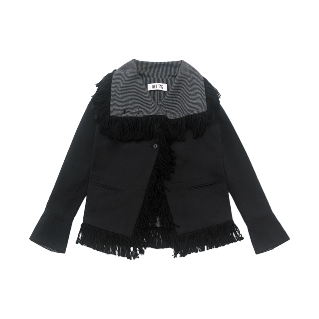 웻태그 하이넥 프린지 코튼 자켓 블랙