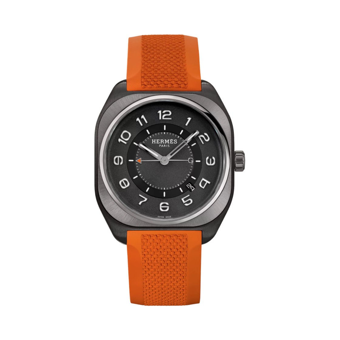 W049430WW00 Hermes H08 Watch Extra Large Orange Rubber Strap & Black Satin Brushed Titanium Coated with Matte Black DLC