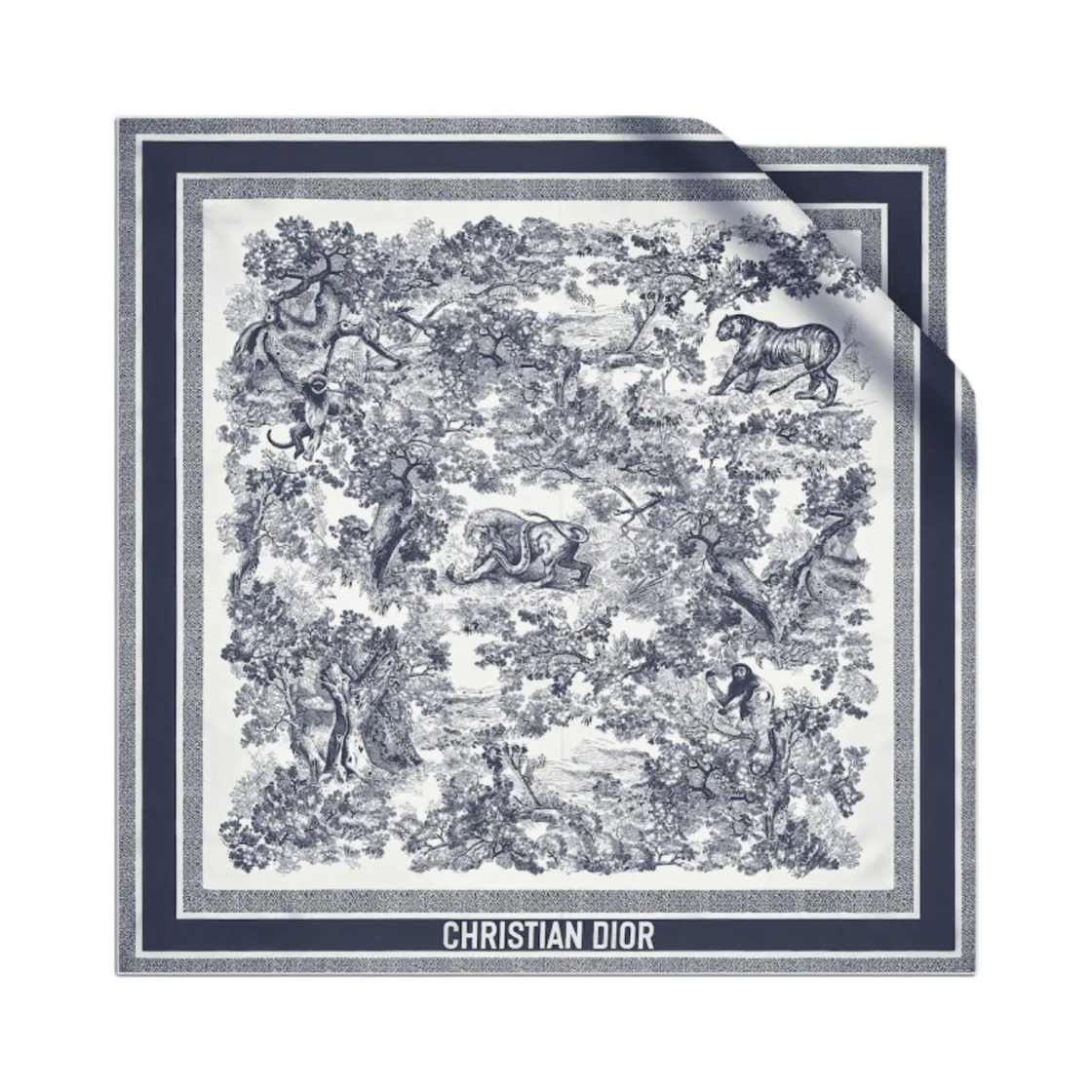 (W) 디올 트왈 드 주이 소바쥬 90 스퀘어 스카프 아이보리 네이비 블루 실크 트윌((W) Dior Toile De Jouy Sauvage 90 Square Scarf Ivory Navy Blue Silk Twill)