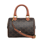 Celine Small Boston Bag in Triomphe Canvas and Calfskin Tan