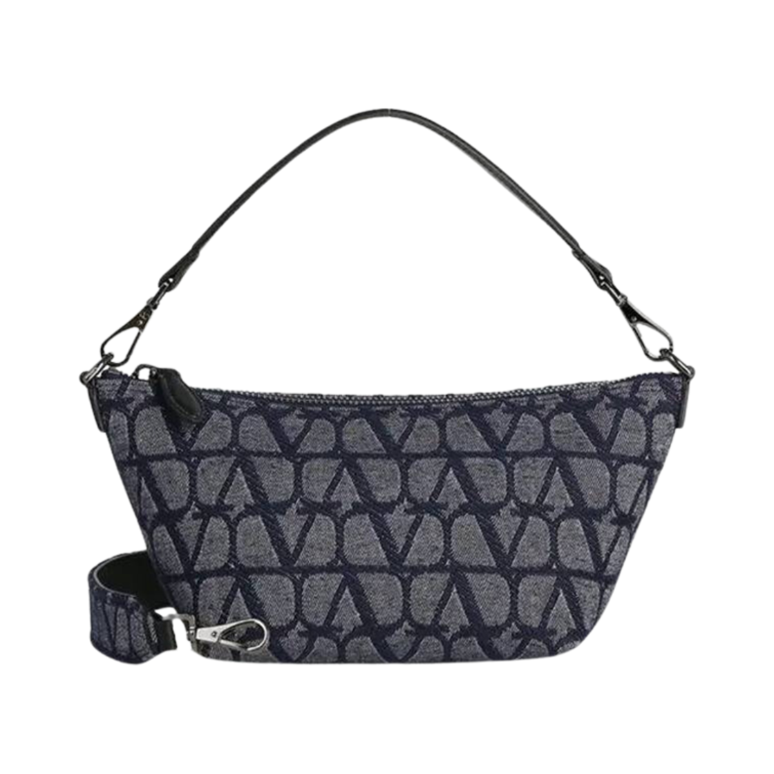 B0C24FGKYEX Valentino Toile Iconographe Denim Effect Jaquard Fabric Shoulder Bag with Leather Details Denim Black