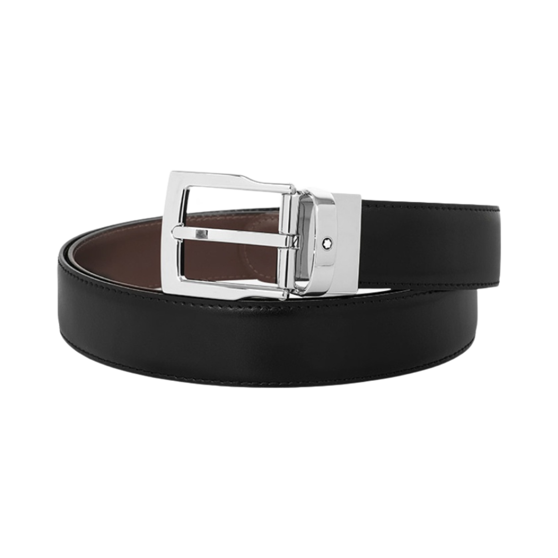 128138 Montblanc Rectangular Cut Shiny Palladium Finish Pin Buckle Belt Black Brown