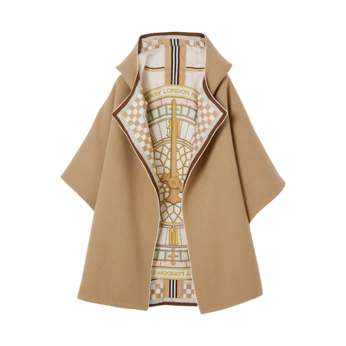 버버리 클락 프린트 실크 리버시블 후드 케이프 카멜(Burberry Clock Print Silk Reversible Hooded Cape Camel) - 1