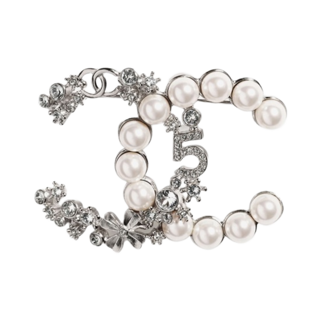 샤넬 브로치 메탈 글래스 펄 스트라스 & 실버 펄리 화이트 크리스탈(Chanel Brooch Metal Glass Pearls Strass & Silver Pearly White Crystal) - 1