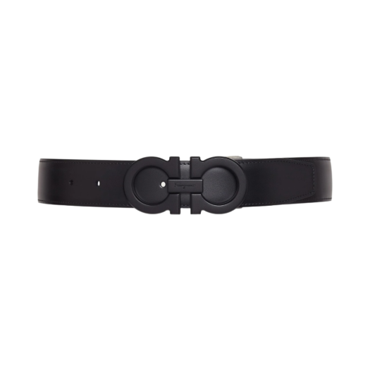 Ferragamo Reversible and Adjustable Calfskin Leather Gancini Belt Black Blue Marine
