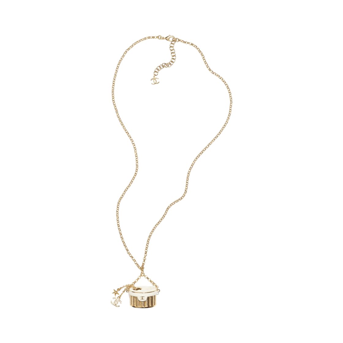 (W) 샤넬 롱 펜던트 네클리스 메탈 레진 스트라스 & 골드 펄리 화이트 크리스탈((W) Chanel Long Pendant Necklace Metal Resin Strass & Gold Pearly White Crystal) - 1