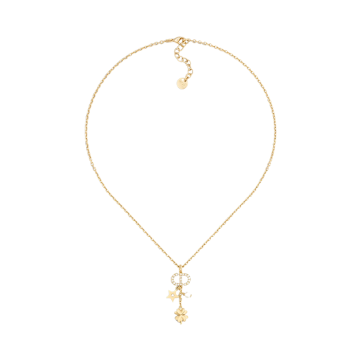 (W) Dior Petit CD Lucky Charms Necklace Gold Finish Metal White Resin Pearl Silver Tone Crystals