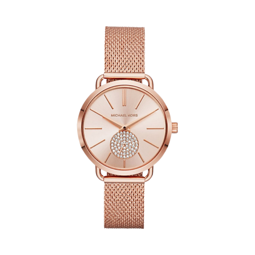 (W) Michael Kors Portia Mesh Quartz Two-Hand 37mm Stainless Steel Rose Gold