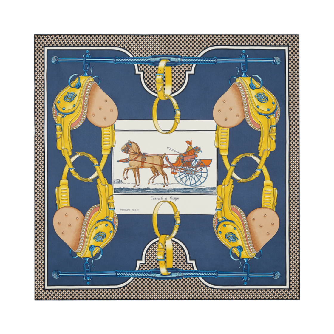 (W) 에르메스 캐릭 아 폼프 스카프 70 마린 블랑 골드((W) Hermes Carrick a Pompe Scarf 70 Marine Blanc Gold) - 1