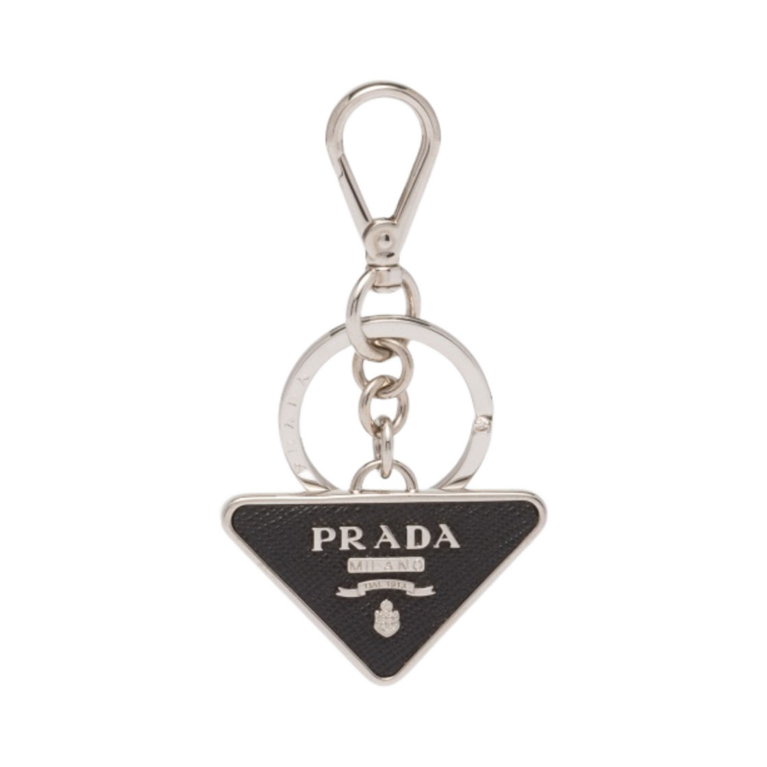 프라다 사피아노 레더 트라이앵글 로고 키체인 블랙 실버(Prada Saffiano Leather Triangle Logo Keychain Black Silver)