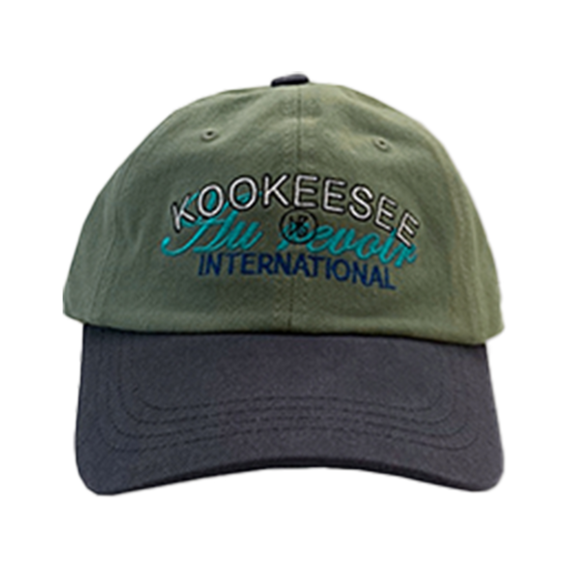 쿠키시 투톤배색 빈티지 워싱 자수 볼캡 카키/차콜(Kookeesee Two Tone Vintage Washing Ball Cap Khaki/Charcoal) - 1