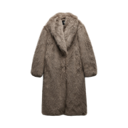 (W) Zara Long Faux Fur Coat Taupe Grey
