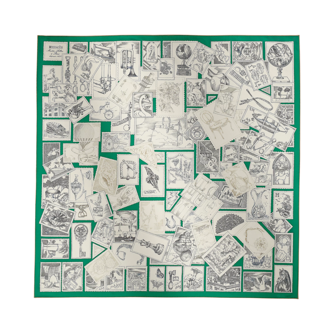 H004205S07 (W) Hermes Le Philateliste Du Faubourg Scarf 90 Vert Anglais Craie Gris