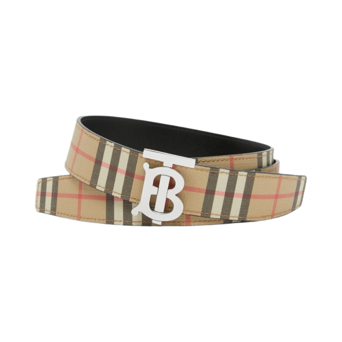 8052779 Burberry Check and Leather Reversible TB Belt Archive Beige