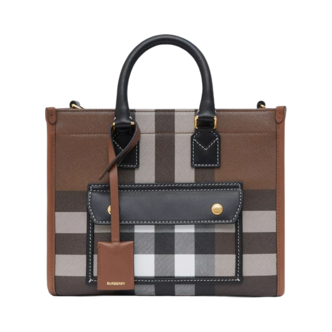 버버리 체크 레더 미니 프레야 토트백 다크 버치 브라운(Burberry Check and Leather Mini Freya Tote Bag Dark Birch Brown) - 1
